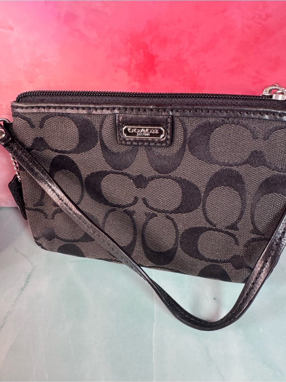 ★Coach Black Signature Wristlet Zip Pouch Mini Clutch Handbag